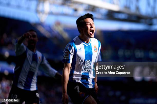 Wu Lei of RCD Espanyol celebrates after scoring his team's first goal during the La Liga Santander match between RCD Espanyol and RC Celta de Vigo at...