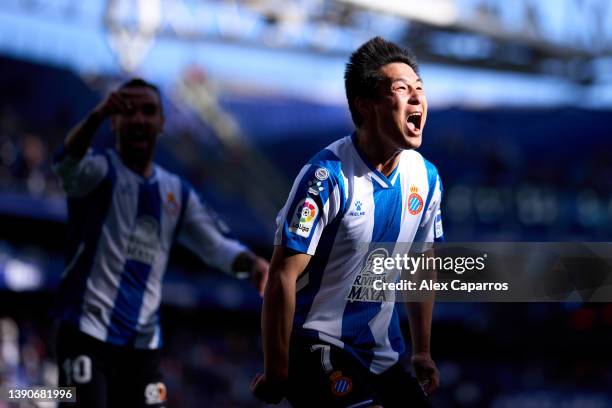 Wu Lei of RCD Espanyol celebrates after scoring his team's first goal during the La Liga Santander match between RCD Espanyol and RC Celta de Vigo at...