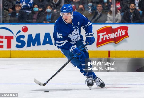 Mitchell Marner of the Toronto Maple Leafs skates against the Montreal Canadiens during the first period at the Scotiabank Arena on April 9, 2022 in...