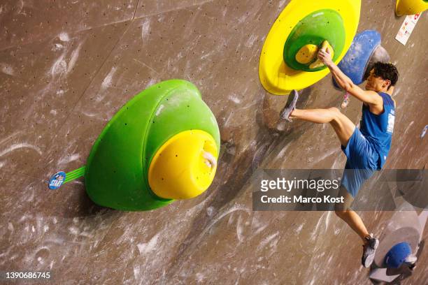 Tomoa Narasaki of Japan competes during the men's finals of the IFSC Climbing World Cup Meiringen on April 10, 2021 in Meiringen, Switzerland.