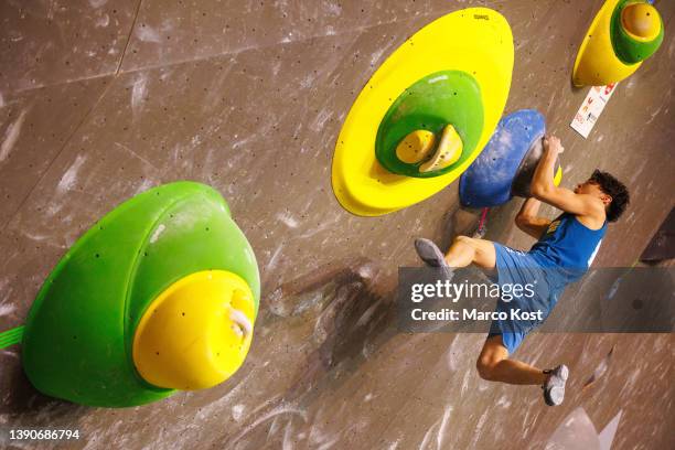 Tomoa Narasaki of Japan competes during the men's finals of the IFSC Climbing World Cup Meiringen on April 10, 2021 in Meiringen, Switzerland.