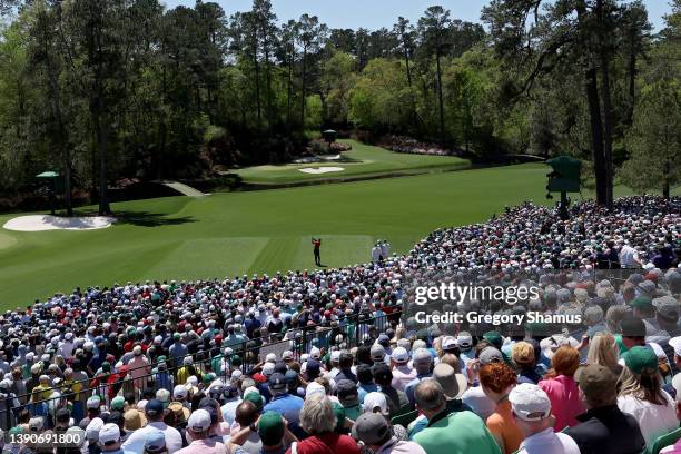 Tiger Woods plays his shot from the 12th tee during the final round of the Masters at Augusta National Golf Club on April 10, 2022 in Augusta,...