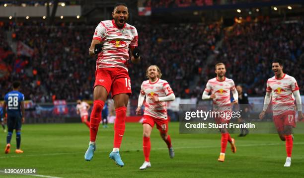 Christopher Nkunku of RB Leipzig celebrates after scoring their side's first goal during the Bundesliga match between RB Leipzig and TSG Hoffenheim...