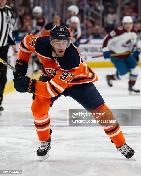 Connor McDavid of the Edmonton Oilers skates against the Colorado Avalanche during the first period at Rogers Place on April 9, 2022 in Edmonton,...