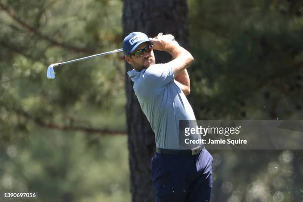Corey Conners of Canada plays his shot on the first hole during the final round of the Masters at Augusta National Golf Club on April 10, 2022 in...