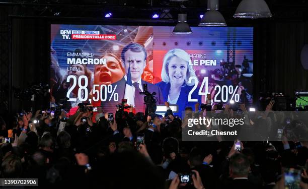 Faces of French President, Emmanuel Macron candidate for the 'En Marche!' political movement and France's far-right party ‘Rassemblement National’...