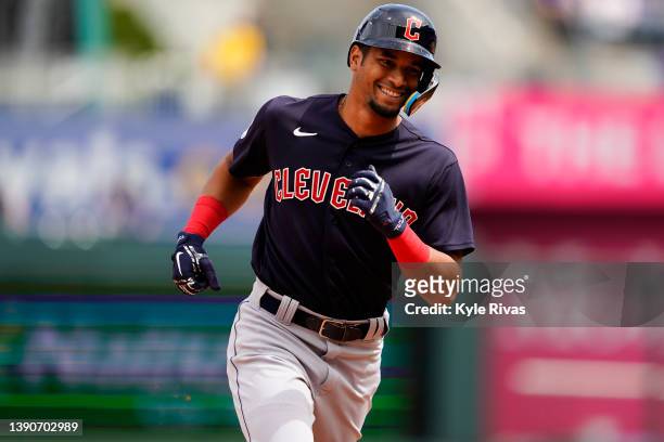 Oscar Mercado of the Cleveland Guardians rounds the bases after hitting a grand slam home run against the Kansas City Royals during the first inning...