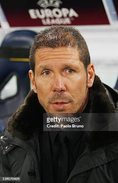 Diego Simeone the coach of Club Atletico de Madrid looks on during the UEFA Europa League Round of 32 match between S.S. Lazio and Club Atletico de...
