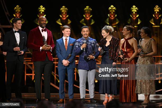 Life of Pi cast members Tom Stacy, Tom Larkin, Habib Nassib Nader, Fred Davies, Scarlet Wilderink, Daisy Franks and Romina Hytten on stage to accept...