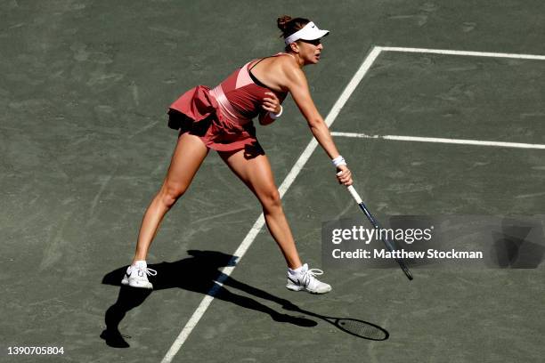 Belinda Bencic of Switzerland serves to Ons Jabeur of Tunisia during the final of the Credit One Charleston Open at Credit One Stadium on April 10,...