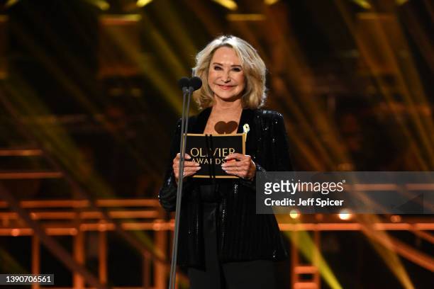 Felicity Kendal on stage to present the award for Best Actress during The Olivier Awards 2022 with MasterCard at the Royal Albert Hall on April 10,...