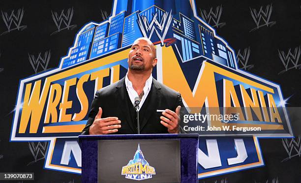 Actor and WWE Professional Wrestler Dwayne "The Rock" Johnson attends a press conference to announce a major international event, Wrestle Mania XXIX,...