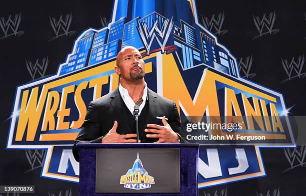 Actor and WWE Professional Wrestler Dwayne "The Rock" Johnson attends a press conference to announce a major international event, Wrestle Mania XXIX,...