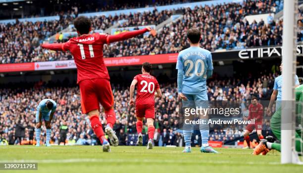 Diogo Jota of Liverpool celebrates after scoring the equalising goal during the Premier League match between Manchester City and Liverpool at Etihad...
