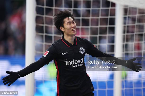 Daichi Kamada of Frankfurt celebrates a goal which was later disallowed during the Bundesliga match between Eintracht Frankfurt and Sport-Club...