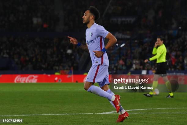 Pierre-Emerick Aubameyang of FC Barcelona celebrates after scoring their side's first goal during the La Liga Santander match between Levante UD and...