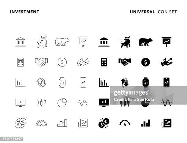 ilustraciones, imágenes clip art, dibujos animados e iconos de stock de inversión universal sólido y conjunto de iconos de línea con trazo editable. los iconos son adecuados para el diseño de páginas web, aplicaciones móviles, ui, ux y gui. - solido