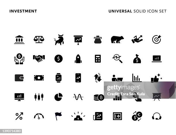 investition universal solid icon set. icons eignen sich für webseiten-, mobile app-, ui-, ux- und gui-design. - geldwechsel stock-grafiken, -clipart, -cartoons und -symbole