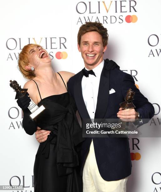 Jessie Buckley, winner of the Best Actress in a Musical award for "Cabaret at the Kit Kat Club", and Eddie Redmayne, winner of the Best Actor in a...