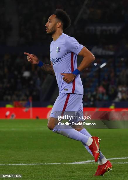 Pierre-Emerick Aubameyang of FC Barcelona celebrates after scoring their side's first goal during the La Liga Santander match between Levante UD and...