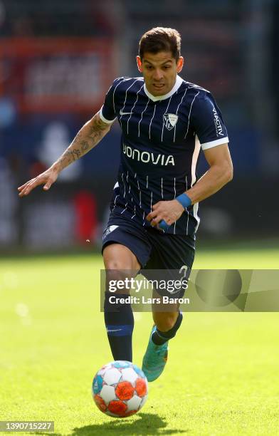 Cristian Gamboa of Bochum runs with the ball during the Bundesliga match between VfL Bochum and Bayer 04 Leverkusen at Vonovia Ruhrstadion on April...