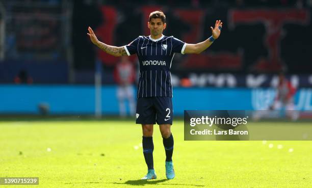 Cristian Gamboa of Bochum gestures during the Bundesliga match between VfL Bochum and Bayer 04 Leverkusen at Vonovia Ruhrstadion on April 10, 2022 in...