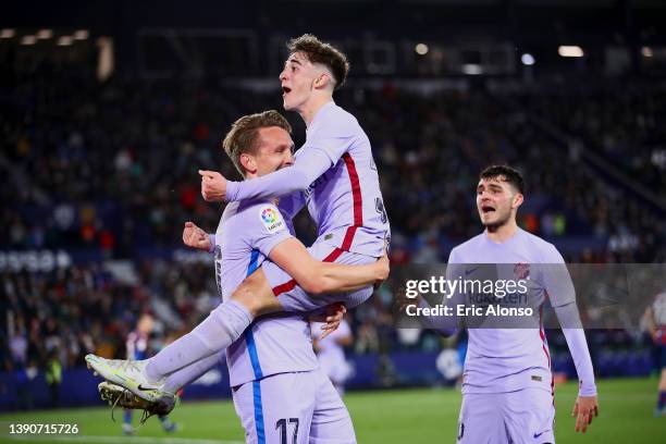 Luuk de Jong of FC Barcelona celebrates after scoring their side's second goal with Pablo Martin Paez Gaviria 'Gavi' during the La Liga Santander...