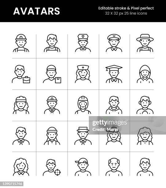 stockillustraties, clipart, cartoons en iconen met avatars editable stroke line icons - senior woman