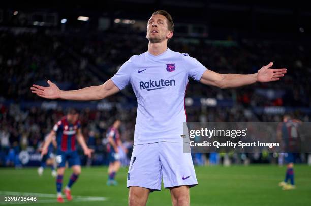 Luuk de Jong of FC Barcelona celebrates after scoring their side's third goal during the La Liga Santander match between Levante UD and FC Barcelona...