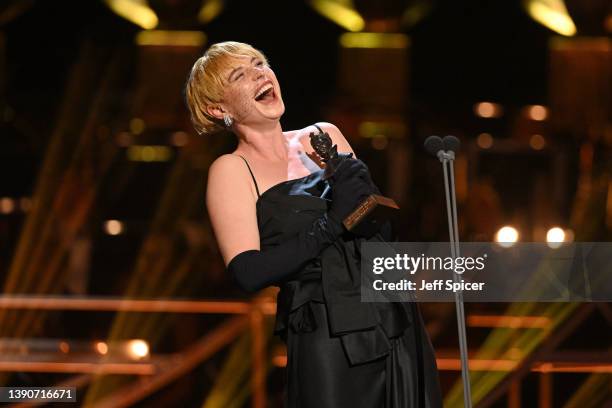 Jessie Buckley accepts the award for Best Actress in a Musical for "Cabaret" on stage during The Olivier Awards 2022 with MasterCard at the Royal...