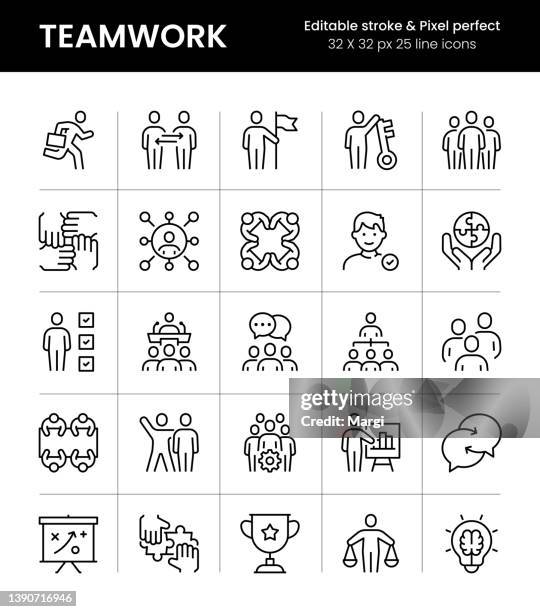 bildbanksillustrationer, clip art samt tecknat material och ikoner med teamwork editable stroke line icons - partnership teamwork