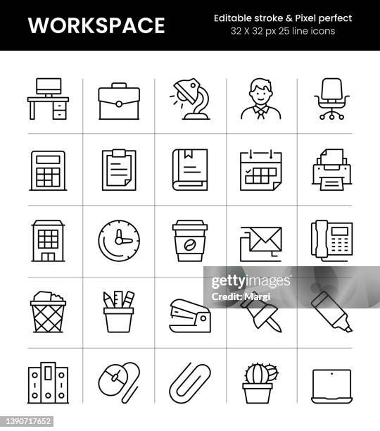 stockillustraties, clipart, cartoons en iconen met workspace editable stroke line icons - administratief medewerker