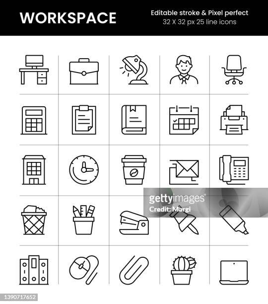 workspace editable stroke line icons - desk organizer stock illustrations