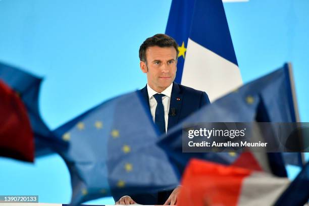 Emmanuel Macron addresses voters after leading the first round in the polls on April 10, 2022 in Paris, France. Nearly 50 million French people will...