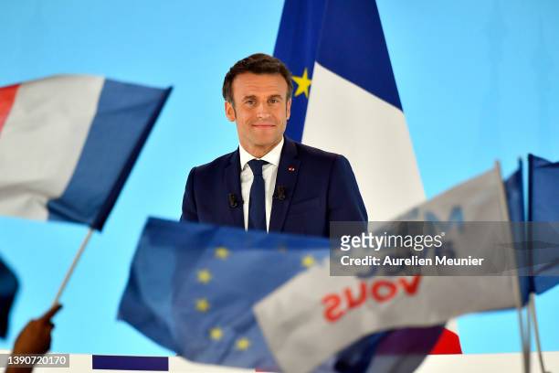 Emmanuel Macron addresses voters after leading the first round in the polls on April 10, 2022 in Paris, France. Nearly 50 million French people will...