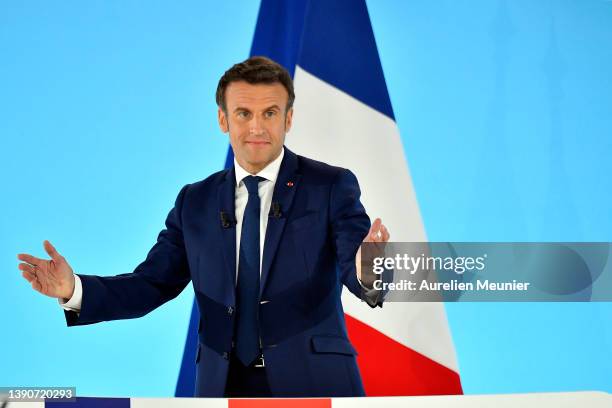 Emmanuel Macron addresses voters after leading the first round in the polls on April 10, 2022 in Paris, France. Nearly 50 million French people will...