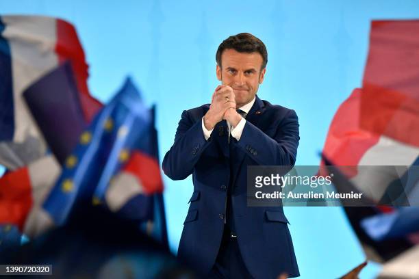 Emmanuel Macron addresses voters after leading the first round in the polls on April 10, 2022 in Paris, France. Nearly 50 million French people will...