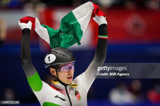 Shaoang Liu of of Hungary during Day 3 of the ISU World Short Track Championships at the Maurice Richard Arena on April 10, 2022 in Montreal, Canada