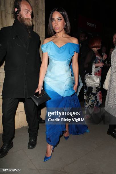 Cush Jumbo seen leaving at The Olivier Awards held at the Royal Albert Hall on April 10, 2022 in London, England.