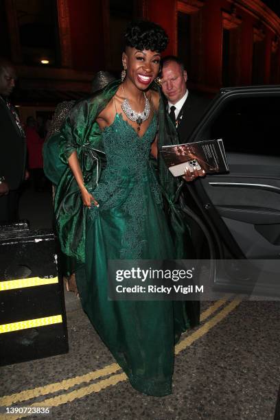 Miriam Teak-Lee seen leaving at The Olivier Awards held at the Royal Albert Hall on April 10, 2022 in London, England.