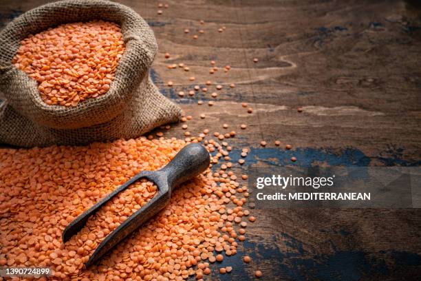 red lentils dried legumes in a burlap sack bag and wood serving scoop on rustic dark wood - red lentil stock pictures, royalty-free photos & images