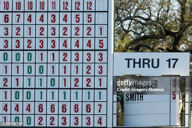 The leaderboard on the 18th green is updated during the final round of the Masters at Augusta National Golf Club on April 10, 2022 in Augusta,...