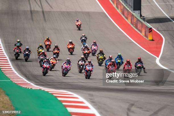MotoGP field after the race start during the race of the MotoGP of USA at the Circuit Of The Americas on April 10, 2022 in Austin, Texas.