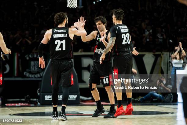 Tornike Shengelia of Virtus Segafredo Bologna, Milos Teodosic of Virtus Segafredo Bologna and Daniel Hackett of Virtus Segafredo Bologna in action...