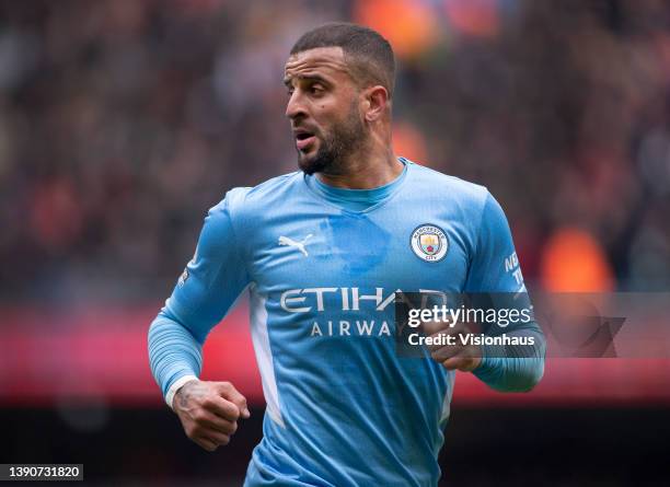 Kyle Walker of Manchester City during the Premier League match between Manchester City and Liverpool at Etihad Stadium on April 10, 2022 in...