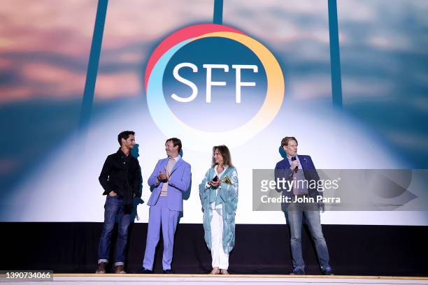 Kelly Blatz, Russell Brown, Jacqueline Bisset, and Joe McGovern speak onstage during the Q&A for the Closing Night screening of "Loren & Rose" as...