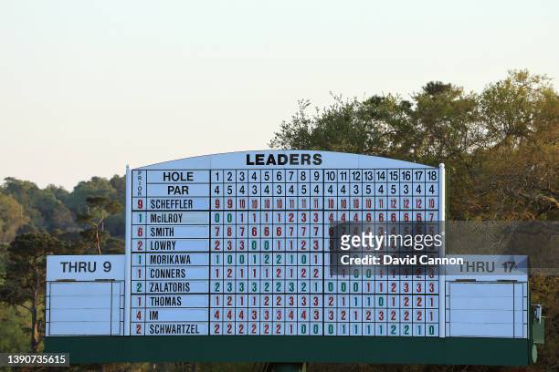 General view of the leaderboard on the 18th green after Scottie Scheffler won the Masters at Augusta National Golf Club on April 10, 2022 in Augusta,...
