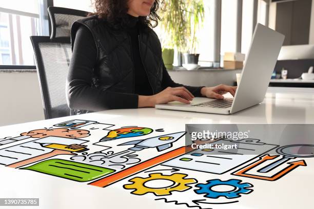 a woman is traying to create digital content on her laptop - content stock pictures, royalty-free photos & images