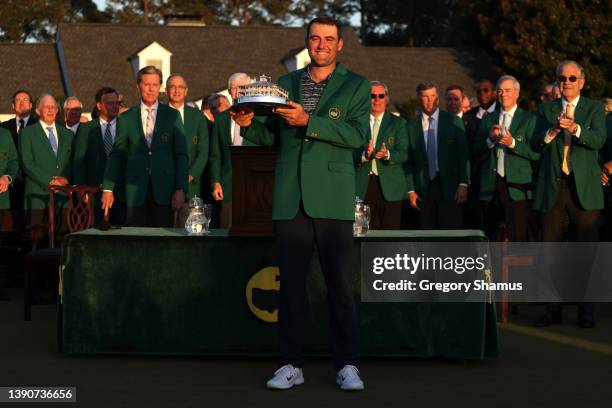 Scottie Scheffler poses with the Masters trophy during the Green Jacket Ceremony after winning the Masters at Augusta National Golf Club on April 10,...