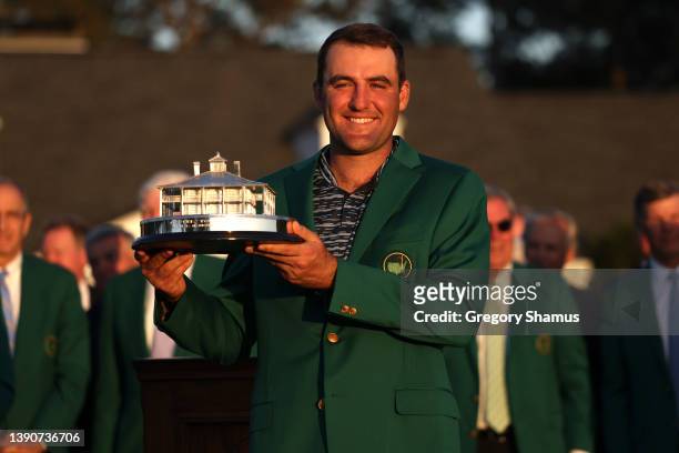 Scottie Scheffler poses with the Masters trophy during the Green Jacket Ceremony after winning the Masters at Augusta National Golf Club on April 10,...